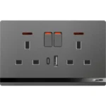 Aulmo 13A 2 modullu elektrik açarı + 2 elektrik yuvası neon ilə+USB+Type-C L50 seriyası L5099C/1 – Boz